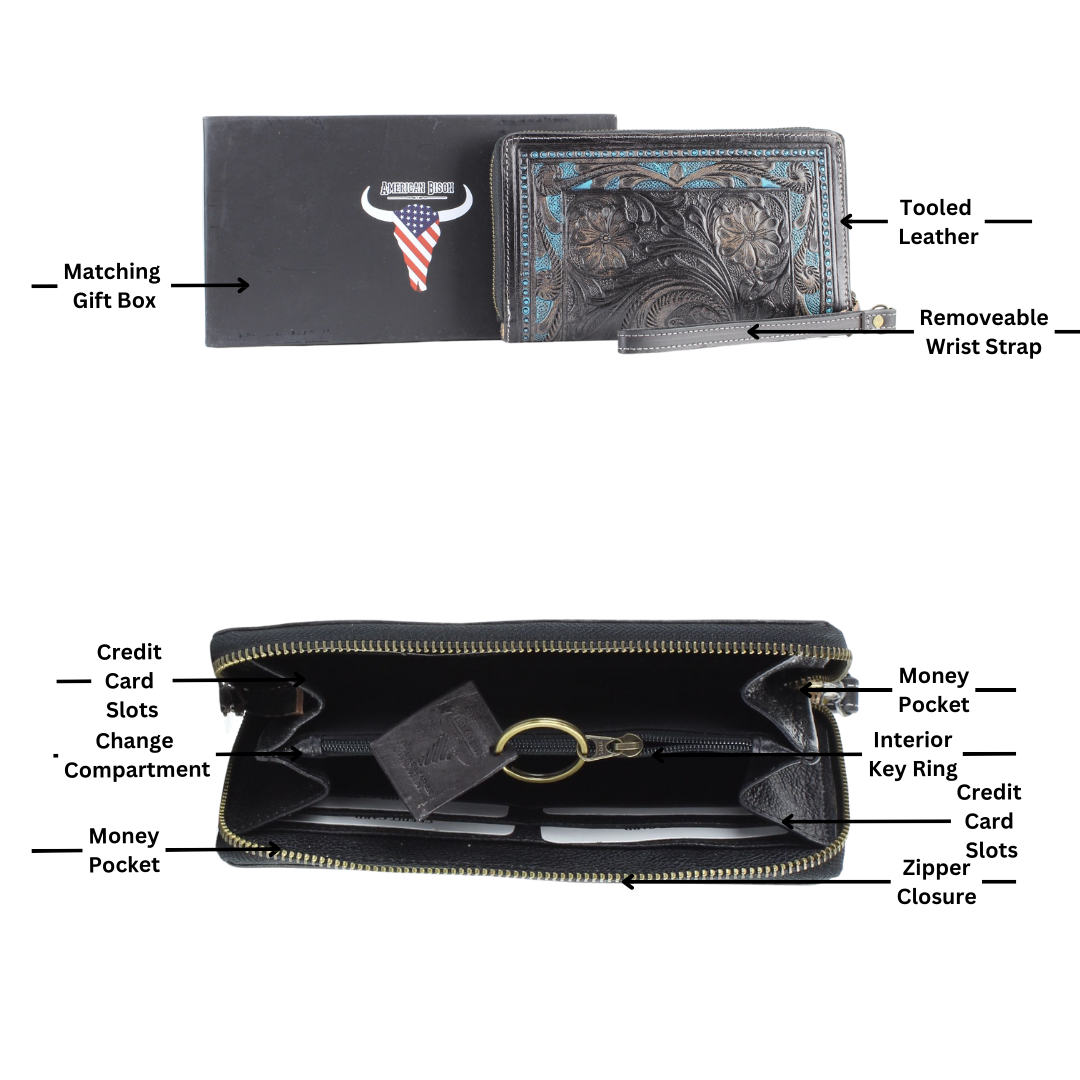 Leather Impressions Inc - Wholesale Wristlet - American Bison Tooled Leather Zip Around Wristlet2