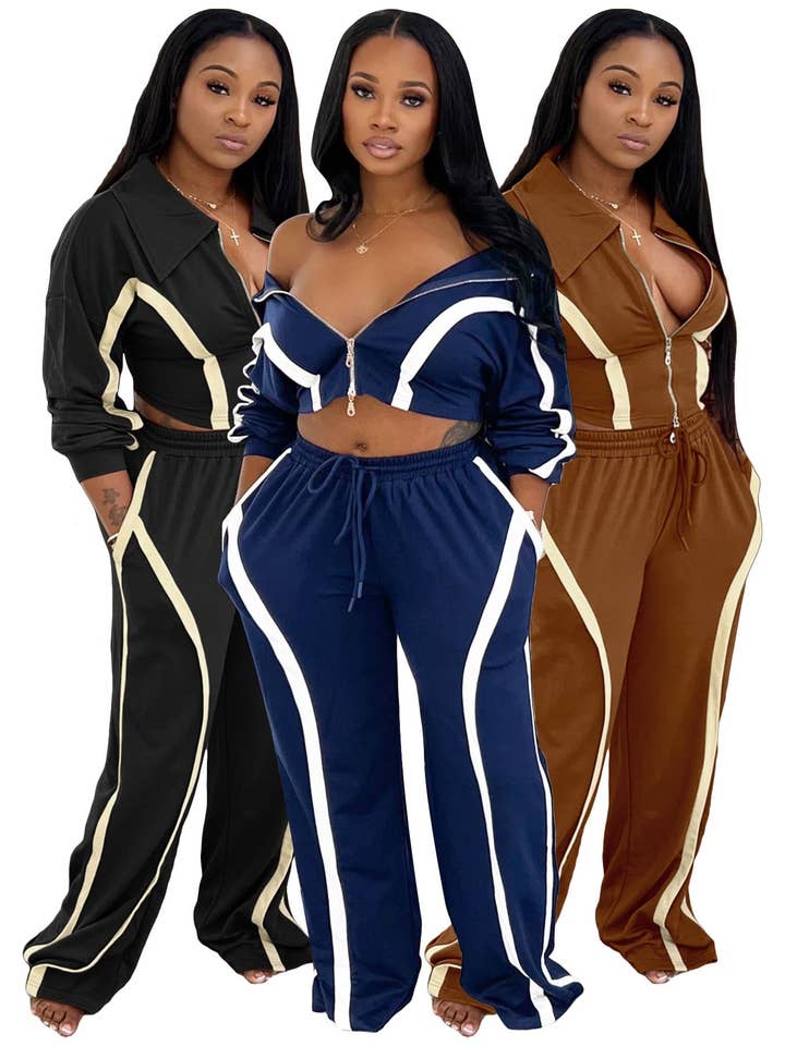 MB Fashion Wholesale - Wholesale Lounge Set - Women's - MB FASHION Zip-Up Contrast Stripe Two-Piece Lounge Set 50395