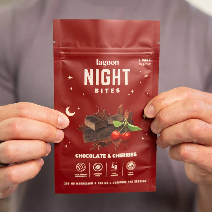 Chocolate & Cherry Night Bites | Functional Nightly Sleep Supplement Chocolate Bars for wholesale by Lagoon Sleep Inc