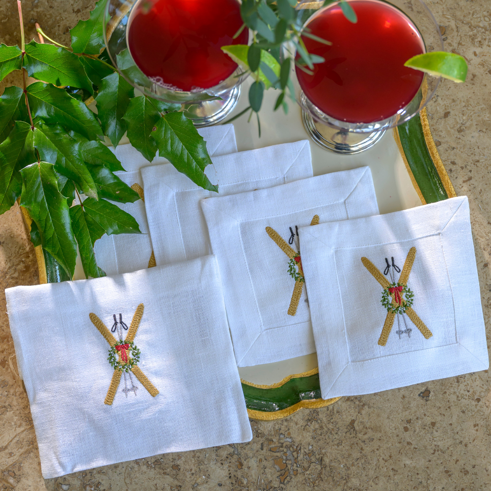 Arte Italica & Crown Linen Designs - Wholesale Coasters - Vintage Skis Cocktail Napkin Set - NEW2