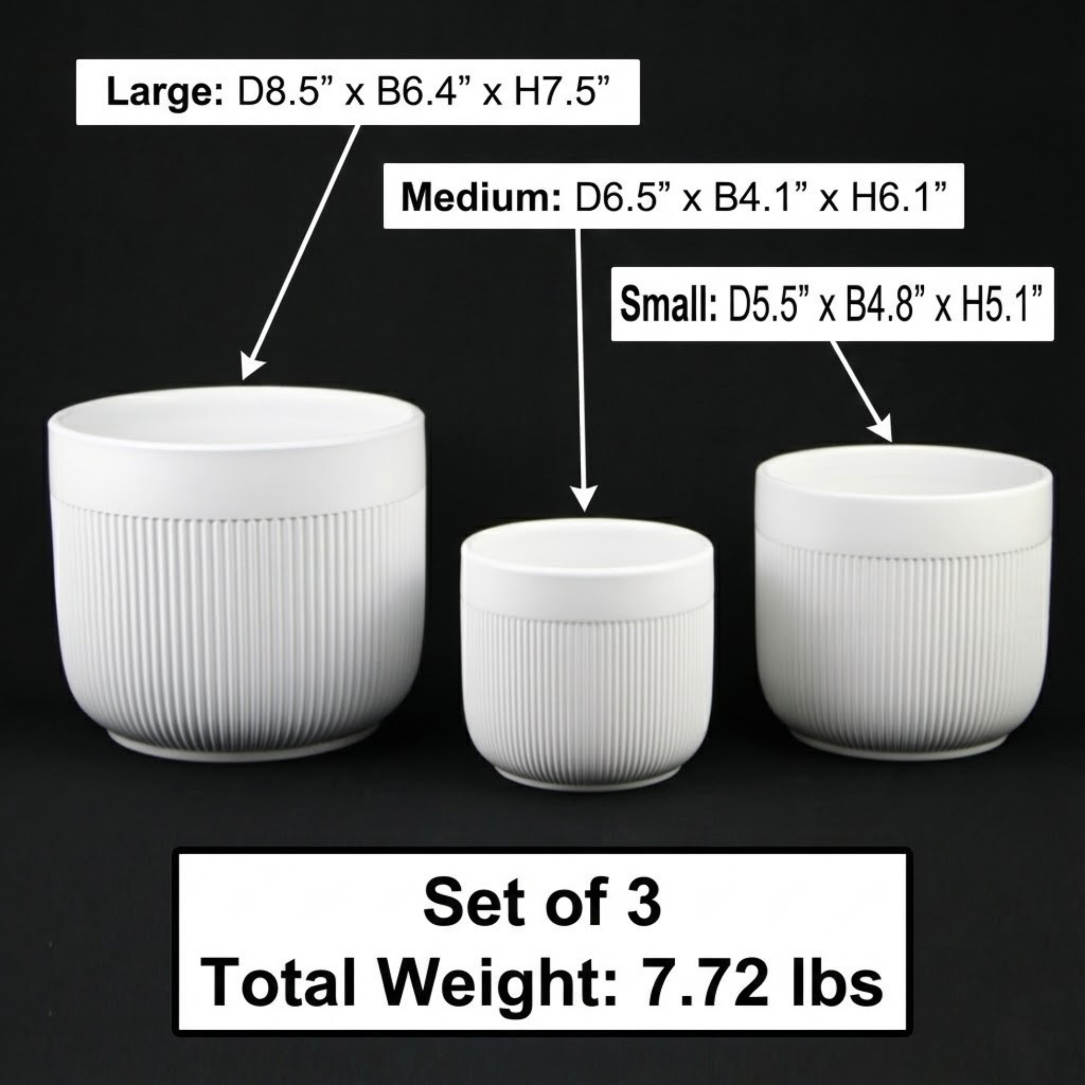 Florinia - Wholesale Plant Pot - 3-Piece White Stoneware Planter Pot Set with Vertical Line Texture9