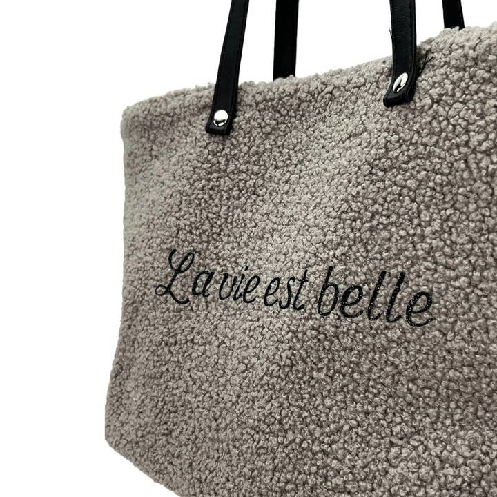 Emmanuel Création - Wholesale Tote Bag - Women's - Mademoiselle bag, “Life is beautiful” Bouclette taupe1