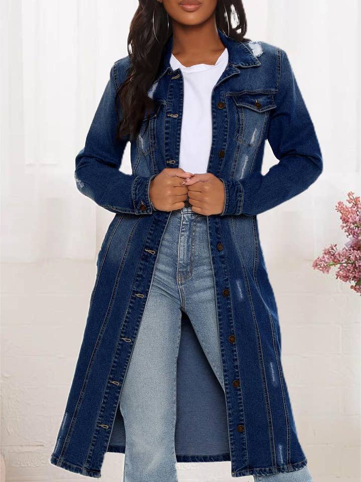 DarkBlue Denim jacket washed and worn vintage slim trench coat for wholesale on Faire