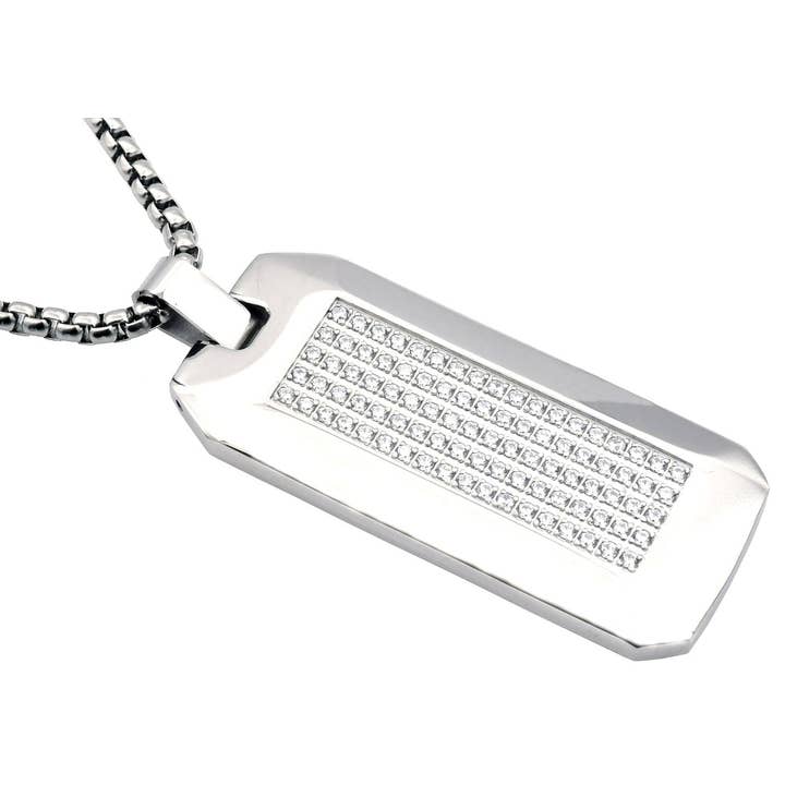 Men's Stainless Steel CZ Dog Tag Pendant Necklace With 24" Round Box Chain for wholesale by Blackjack Mens Jewelry