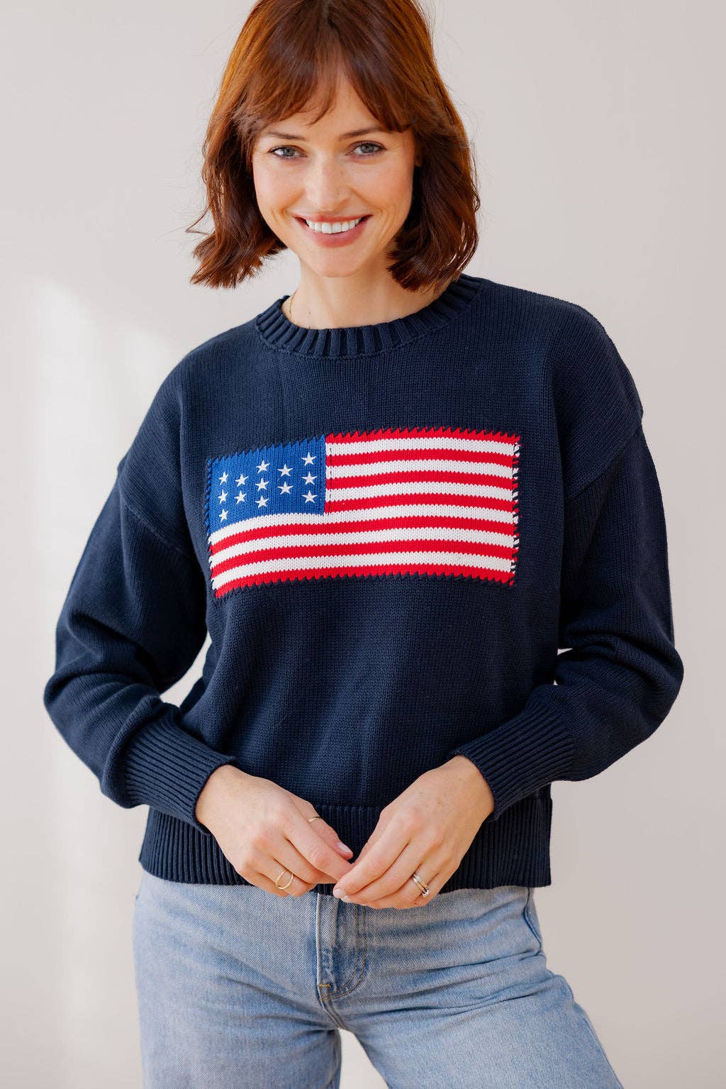 Navy Whipstitch American Flag Cotton Crewneck Sweater for wholesale on Faire
