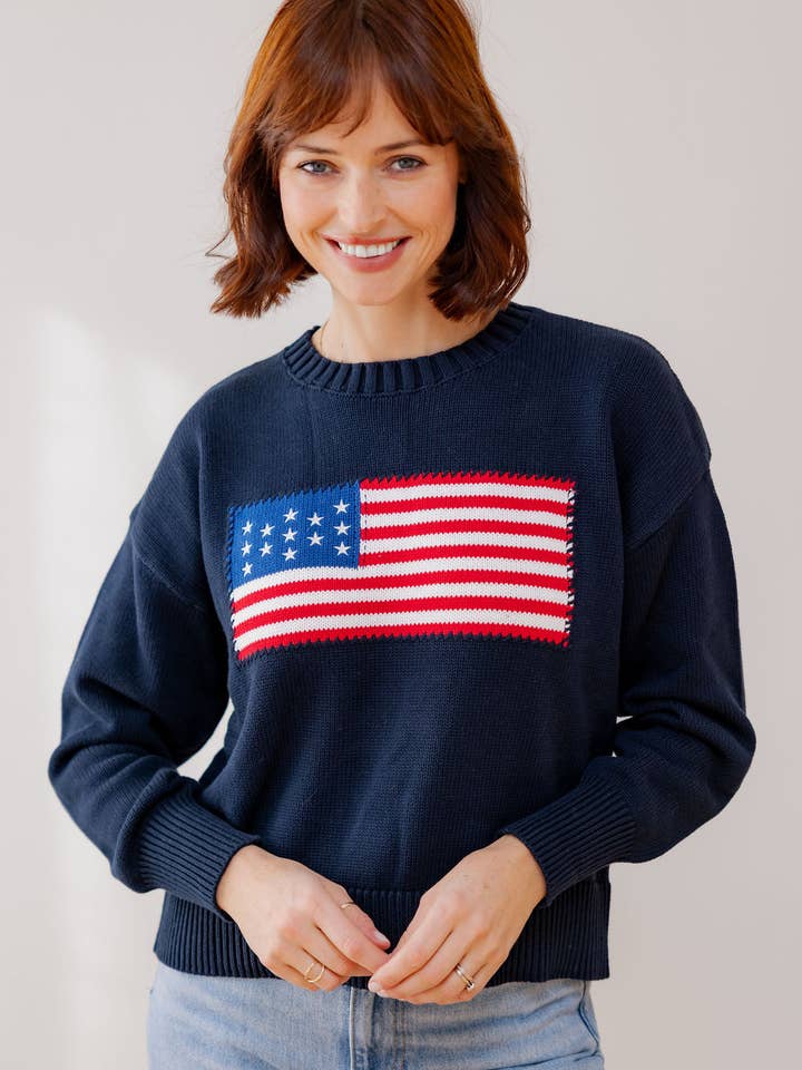 Navy Whipstitch American Flag Cotton Crewneck Sweater for wholesale by Pearls & Camo