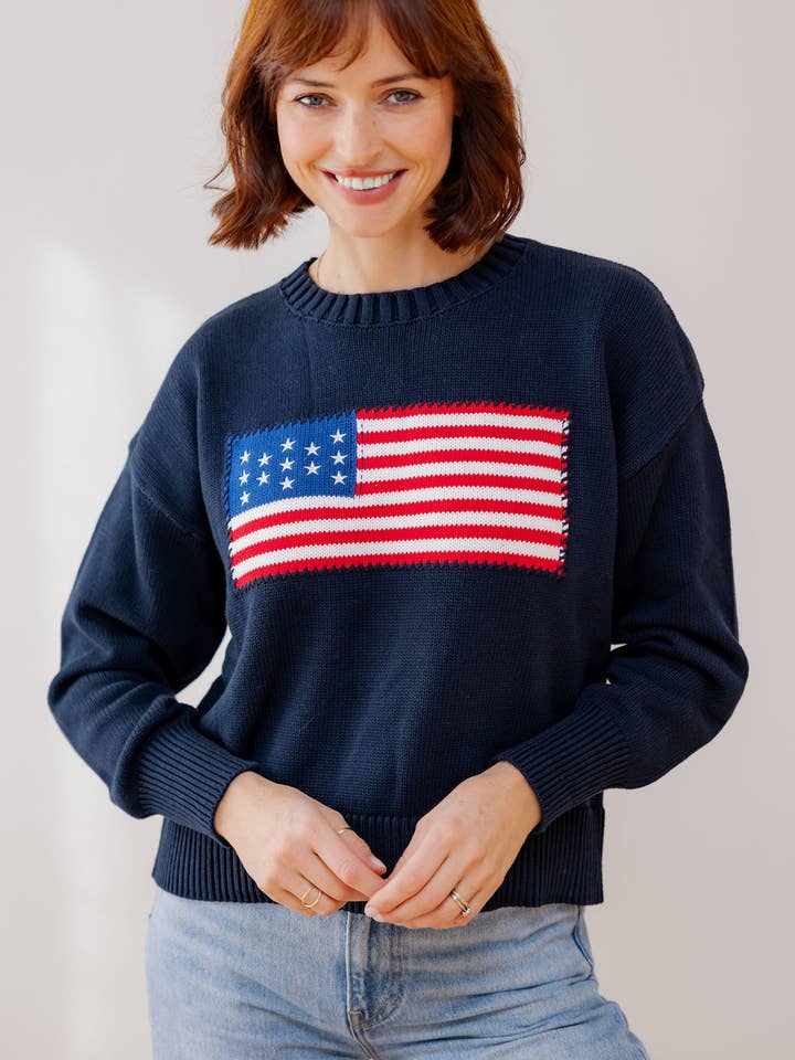 Camisola de Algodão com Bandeira Americana e Costura Decorativa Azul Marinho por atacado de Pearls & Camo