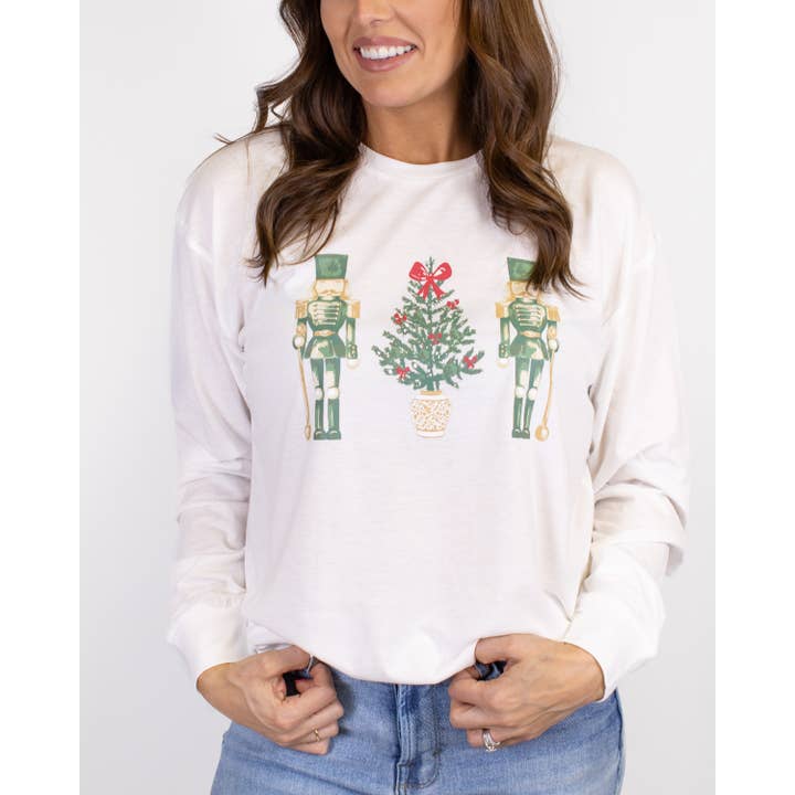 Watercolor Nutcracker Long Sleeve Crew Neck T-Shirt White/Multi -Asst. for wholesale by The Royal Standard