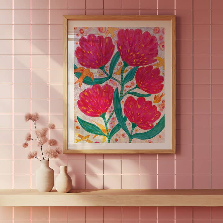 Célébrez l'impression de peinture acrylique de fleurs et d'oiseaux pour la vente par Courtney Kendall Art