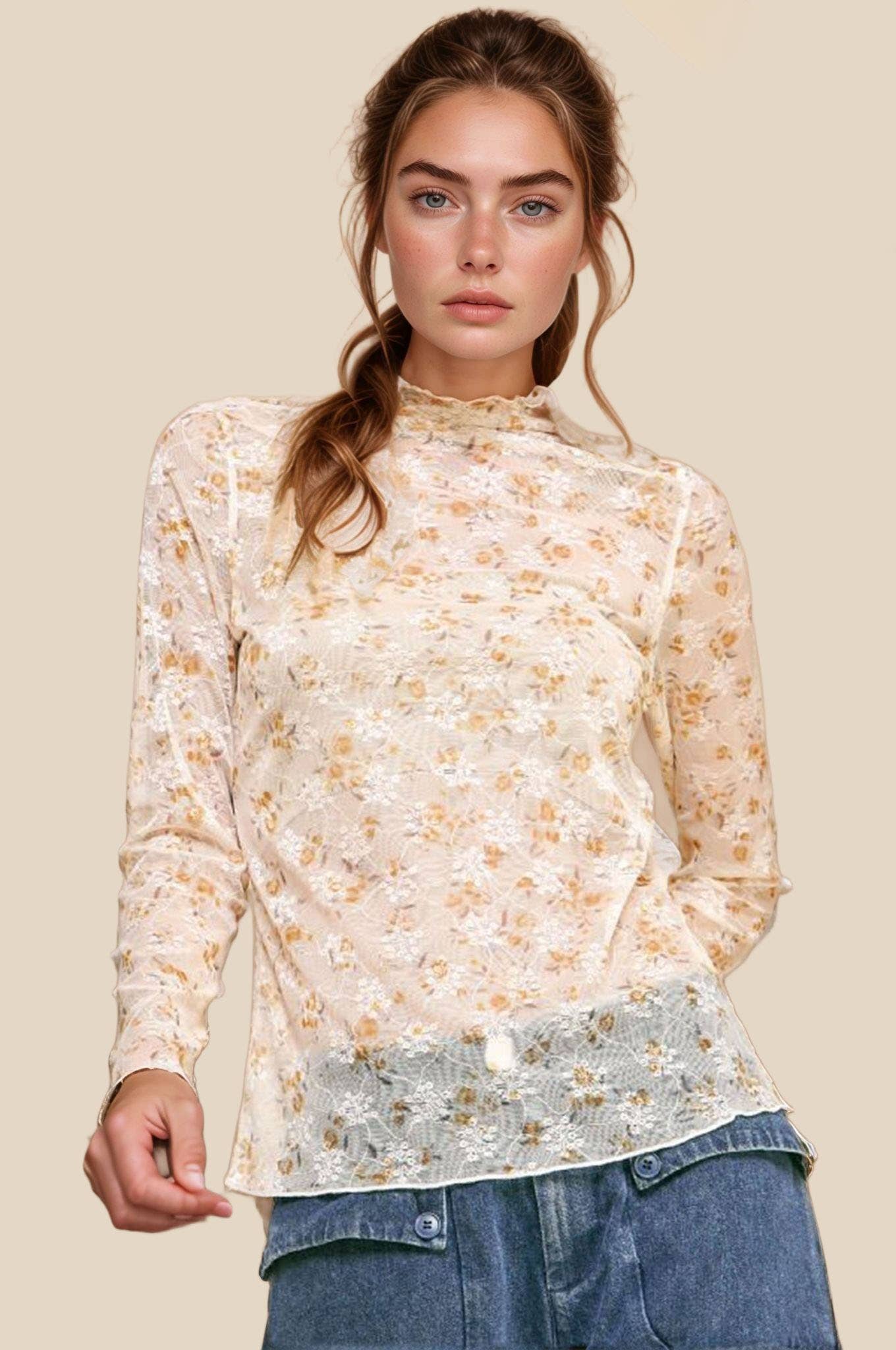 Davi & Dani – Engroshandel Strikket top - Dame – LØS SKILDPADDEHALS BLONDE MESH BLONDE GENNEMSIGTIG TOP1