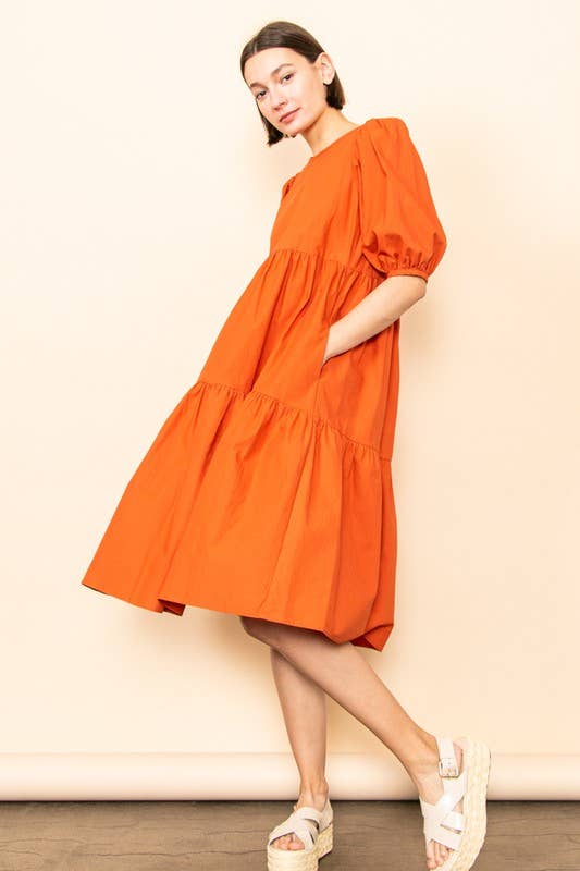 Elloh Collection - Wholesale Dress - Women's - SALE! Poplin Puff Sleeve Tiered Midi Dress with Pockets1