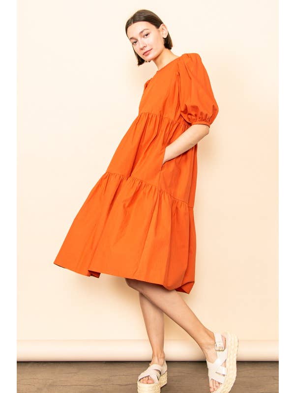Elloh Collection - Wholesale Dress - Women's - SALE! Poplin Puff Sleeve Tiered Midi Dress with Pockets1