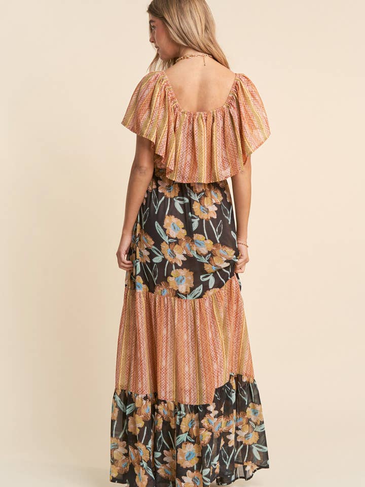Sunset fields Off Shoulder Tiered Floral Maxi Dress for wholesale on Faire