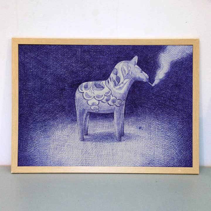 Dalahäst Poster Original em Caneta Esferográfica Azul - Impressão Artística por atacado de Løfberg og Noack