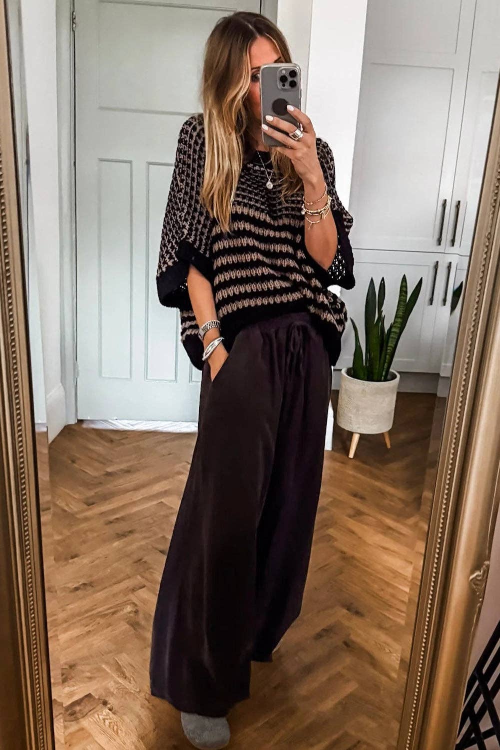 Suhkasana - Wholesale Knit Sweater - Women's - Red Striped Slouchy Knit Sweater with 3/4 Draped Sleeves6