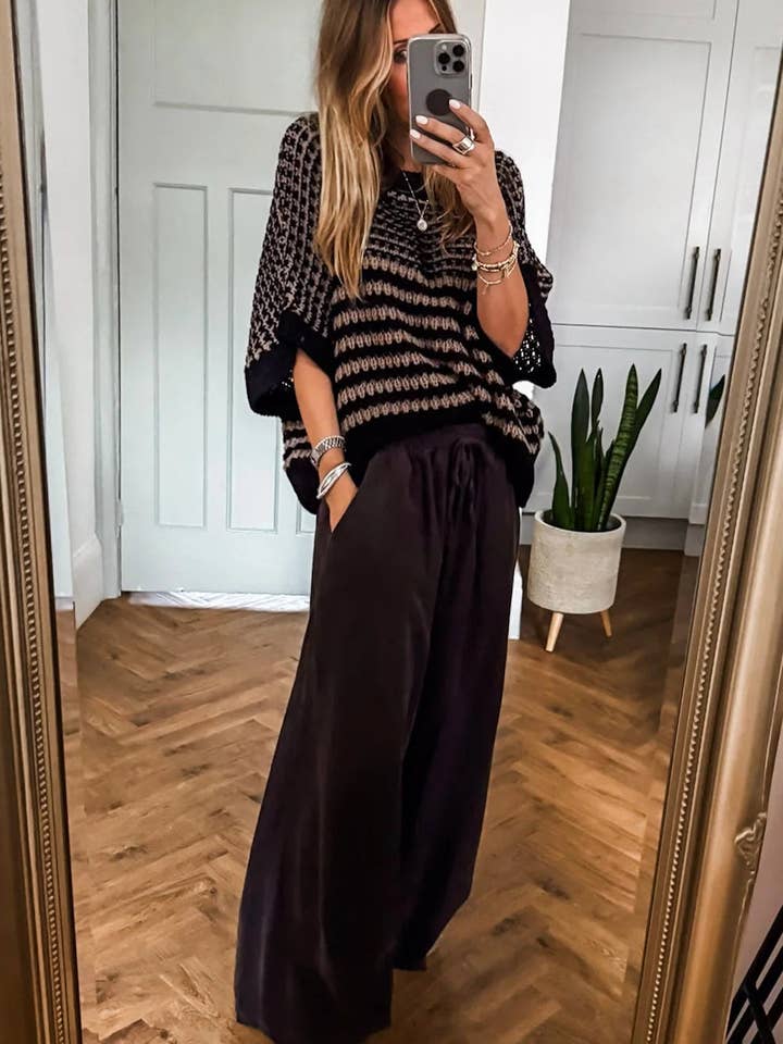 Suhkasana - Wholesale Knit Sweater - Women's - Red Striped Slouchy Knit Sweater with 3/4 Draped Sleeves6