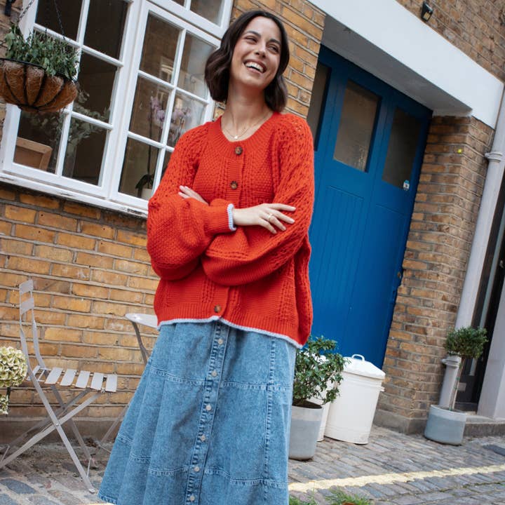 Cara & The Sky - Wholesale Cardigan - Women's - Brigit Pointelle Stitch Balloon Sleeve Cardigan - Orange12