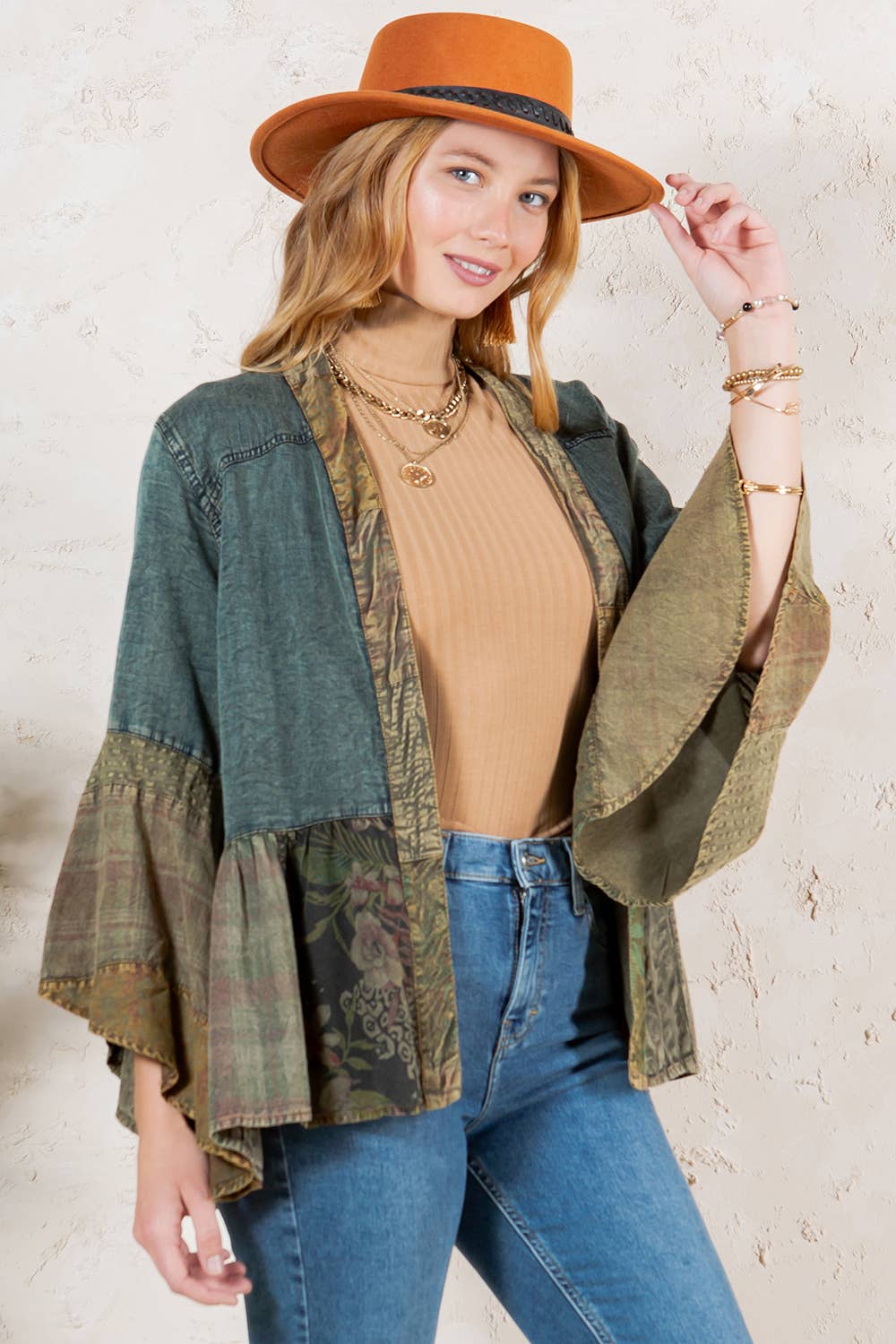 Young Threads - Wholesale Kimono - Women's - Western Boho Lace & Denim Patchwork Kimono Top NEW10