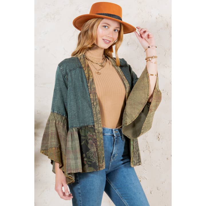 Young Threads - Wholesale Kimono - Women's - Western Boho Lace & Denim Patchwork Kimono Top NEW10