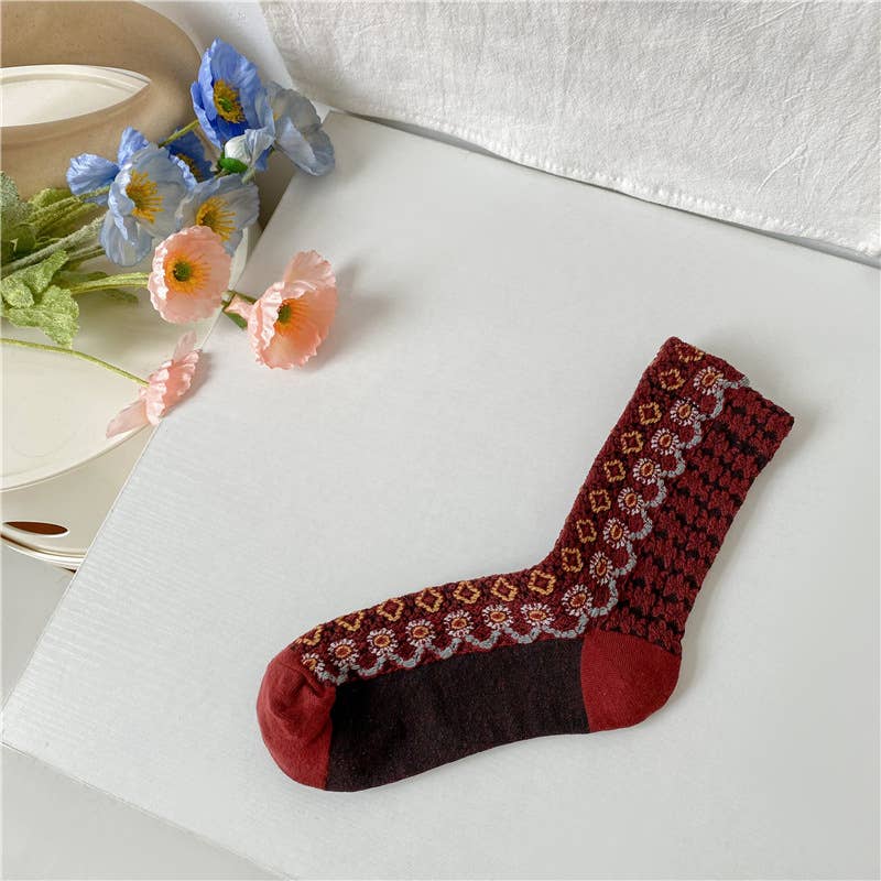 Tourtiwi - Wholesale Socks - Women's - Retro colorblocked small floral wavy pattern mid-calf socks4