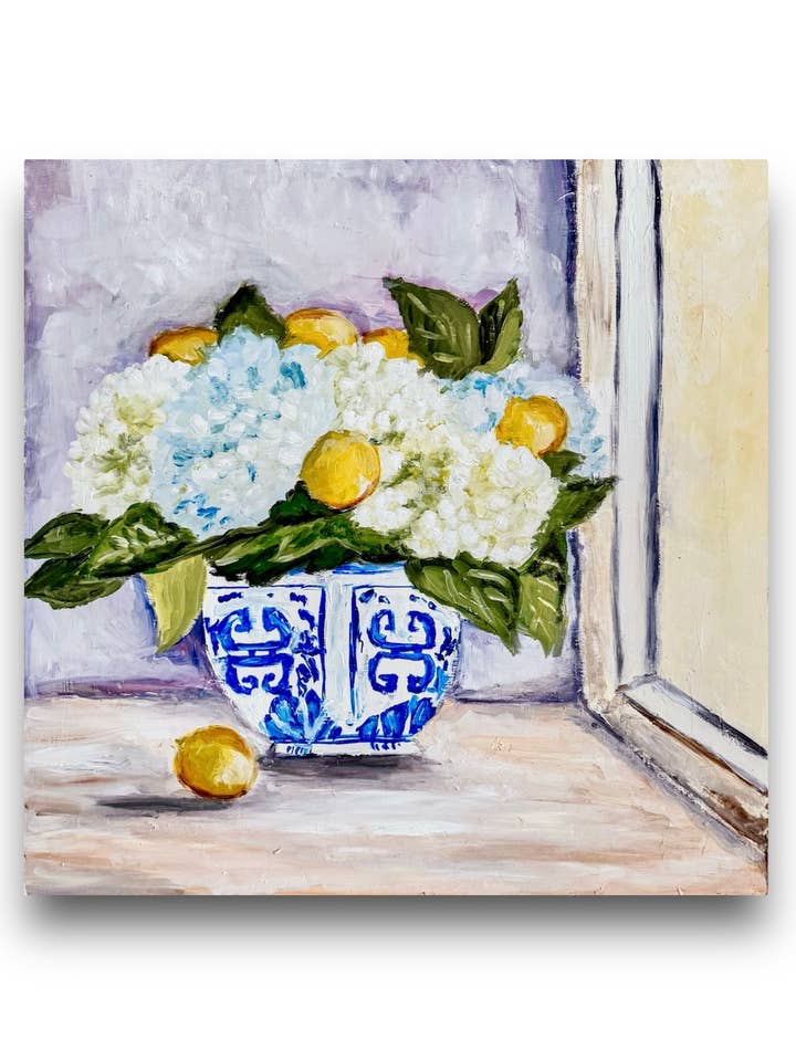Lemons & Hydrangeas II Art Print for wholesale by Pooja Roy Studio