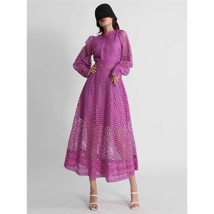 FurDecoration - Wholesale Dress - Women's - Hollow Embroidery Slim Long Sleeve Maxi Dress3