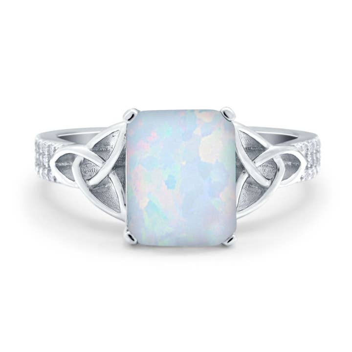 Emerald Cut Celtic Engagement Ring Lab Created White Opal for wholesale by Blue Apple Imports