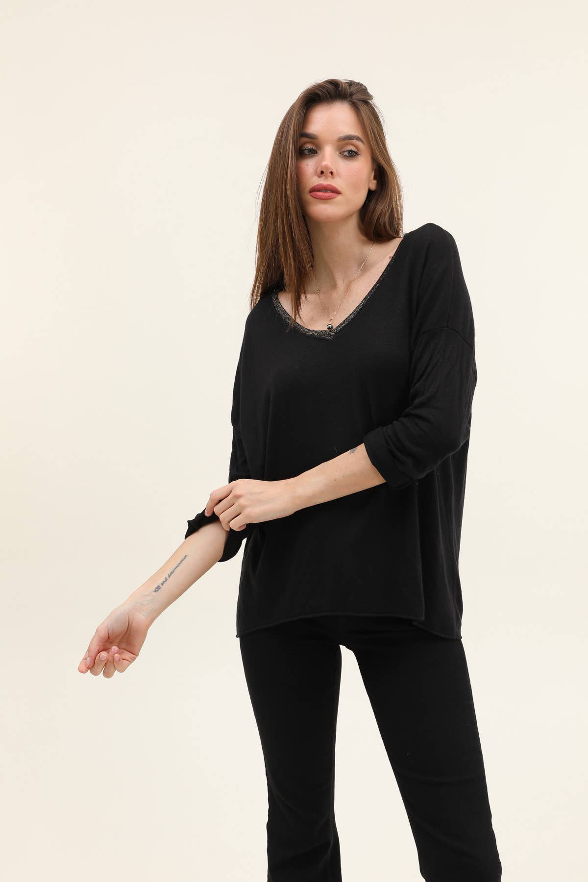 Moonsun – Großhandel T-Shirt – Damen – #16943 Baumwollshirt mit Lurex-Kragen