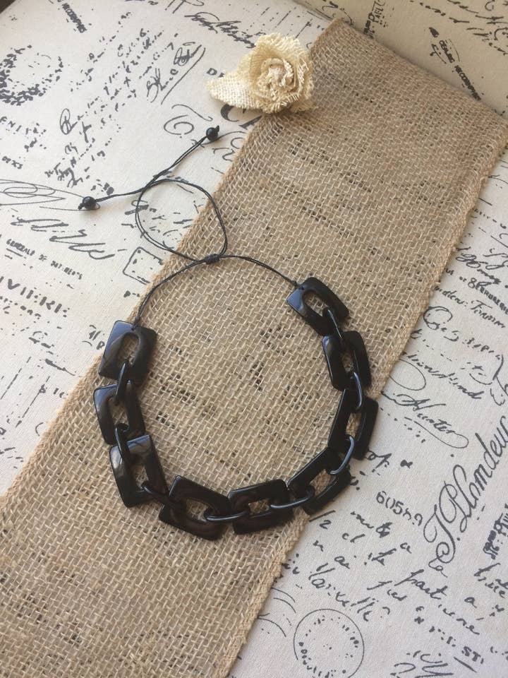 Black chain necklace Tagua jewelry Geometric statement necklace Adjustable cord Custom Fashionable gifts Handmade beaded necklace for wholesale by Galapagos Tagua