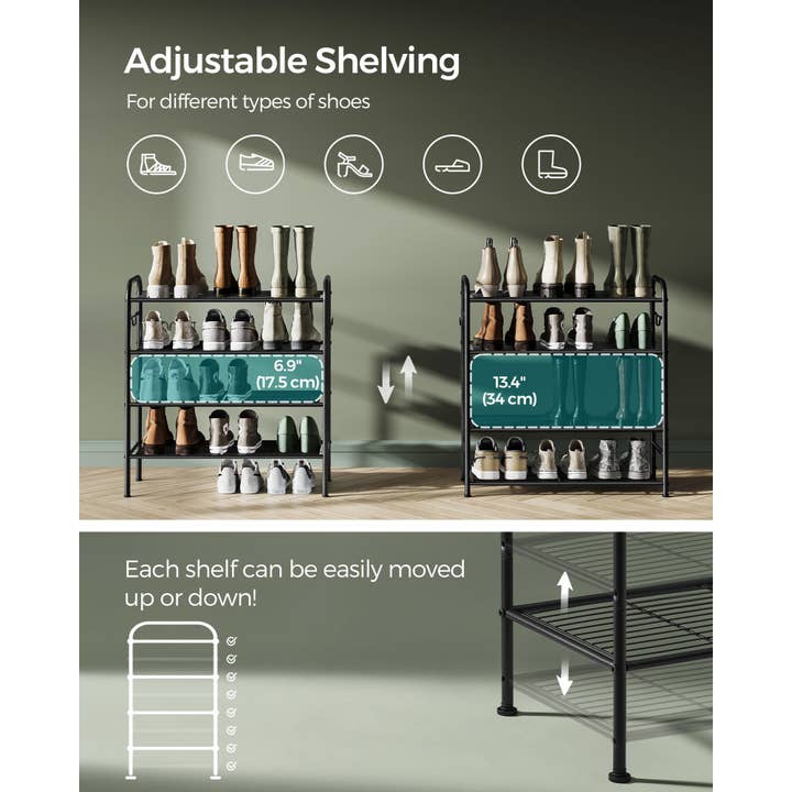 Étagère à chaussures à 4 niveaux avec 4 crochets latéraux, peut contenir 16 paires de ch- pour la vente par Greenwestons