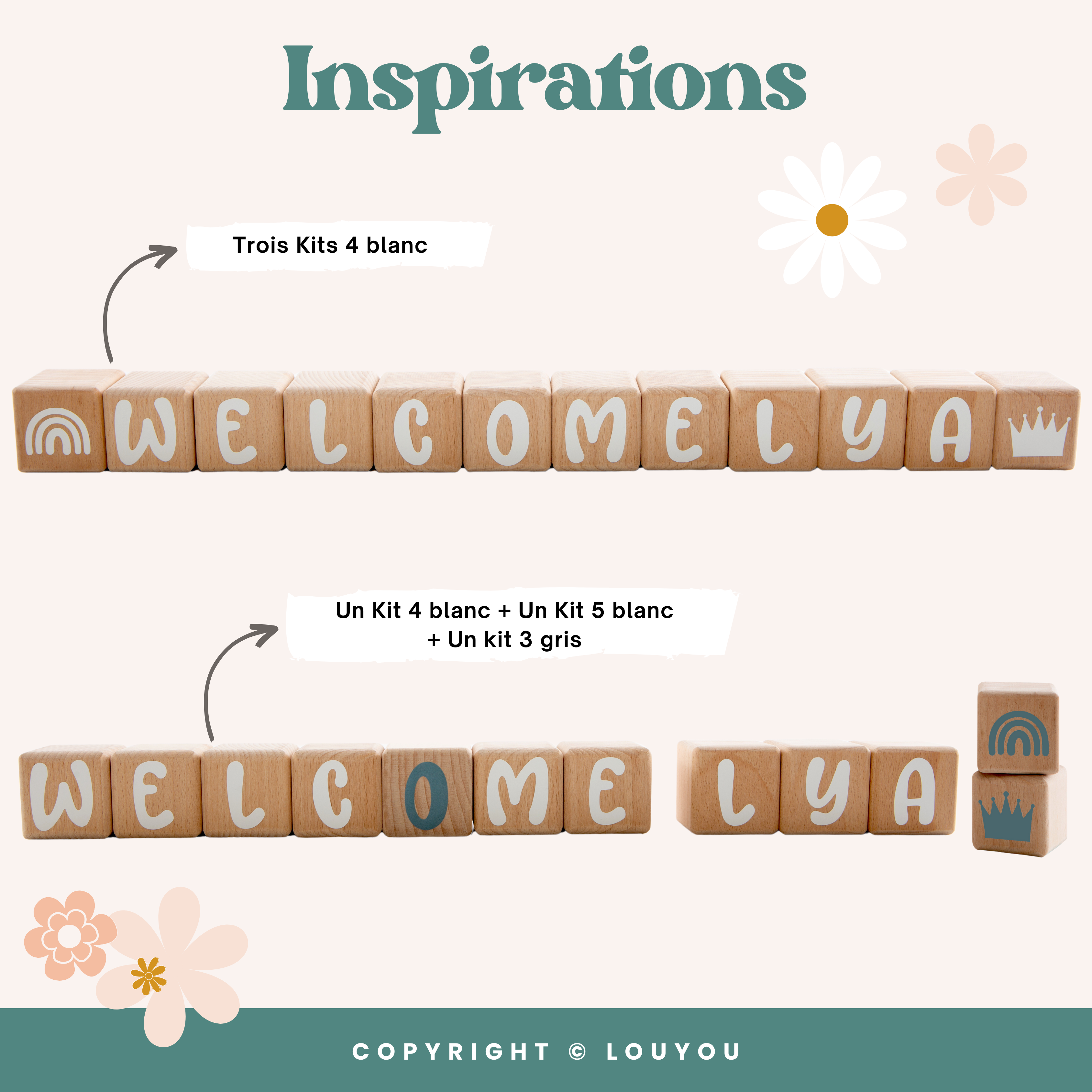 LouYou - Wholesale Christmas Decoration - Kids & Baby - 5 Beech Wood Cubes (5cm x 5cm) + 66 Gray Stickers10