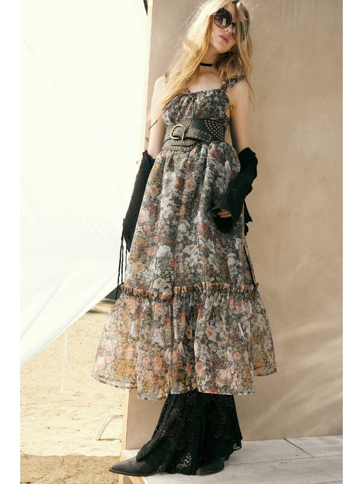 BLACK Floral Organza Ruffled Fit-and-Flare Maxi Dress for wholesale on Faire0