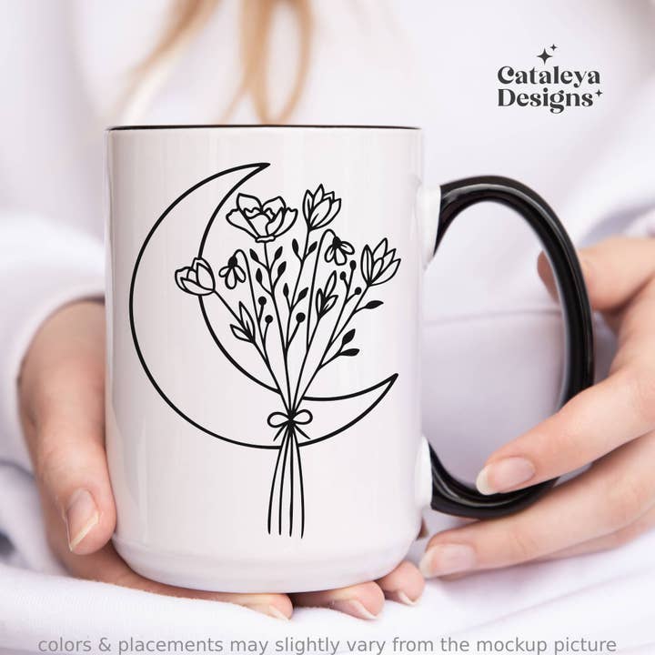 Caneca de Cerâmica com Lua e Flores Interior Preto Presente para Ela por atacado de Cataleya Designs Studio LLC