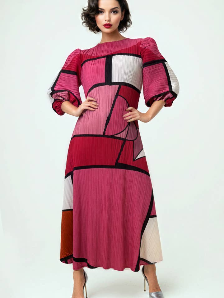 N2493 PUFF SLEEVE CRINKLED DRESS for wholesale by N by Nancy