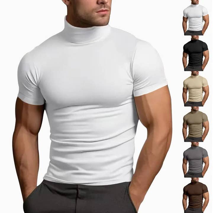 Men's Solid Color Simple Style Turtleneck Short Sleeve Slim Men's T-shirt for wholesale by Aromatized Collection