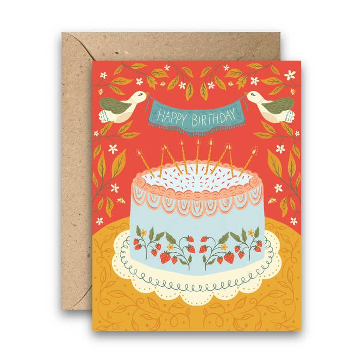 Erdbeerkuchen – Handillustrierte Geburtstagskarte mit Vögeln für den Großhandel von Amicreative