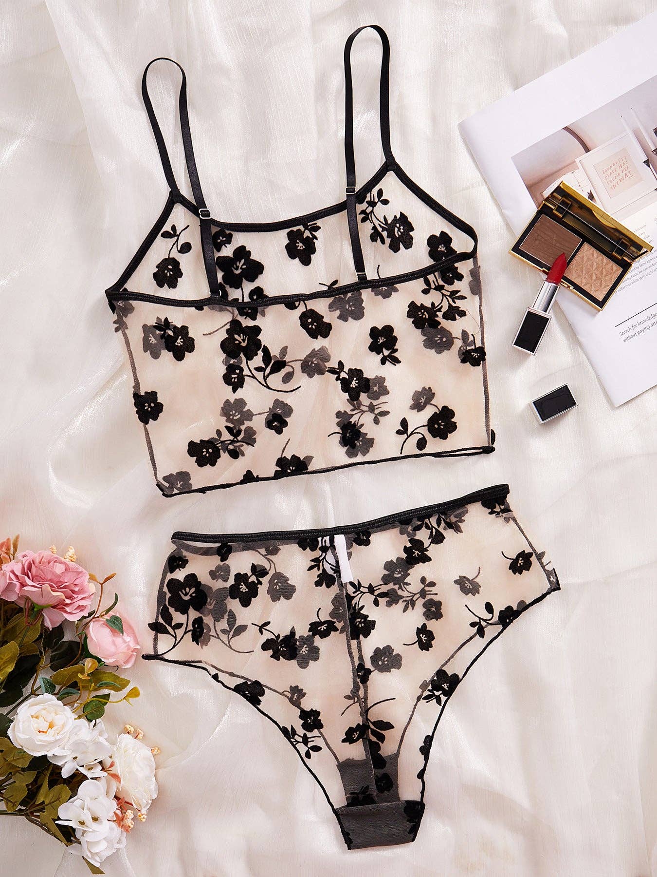 Black Ladies Floral See Through 2PCS Lingerie Set SKLG4160 for wholesale on Faire2