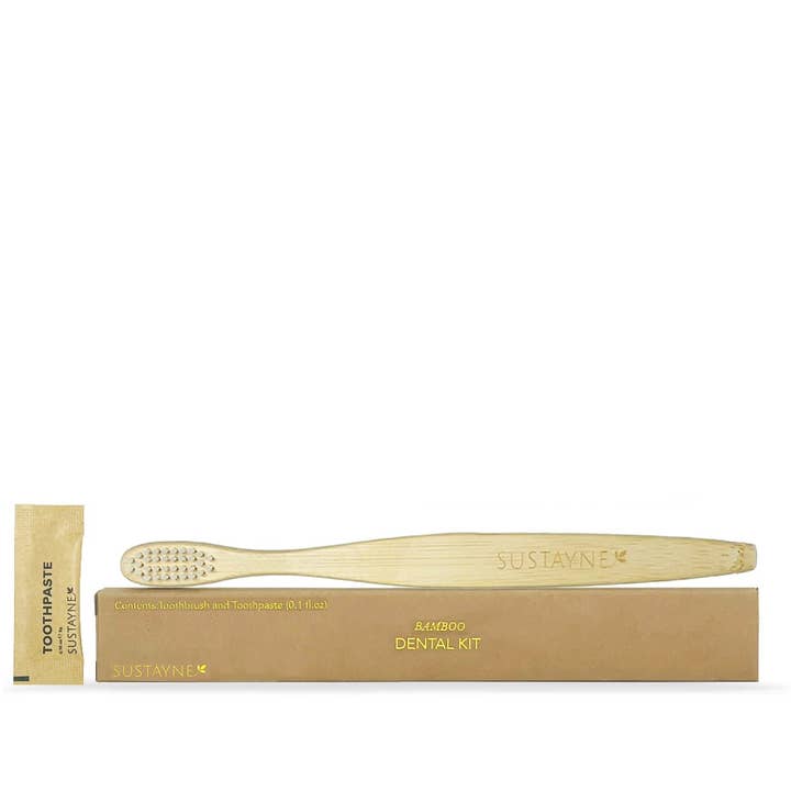 Escova de dentes de bambu de 7" com 3g de pasta de dentes em saqueta de kraft por atacado de Sustayne