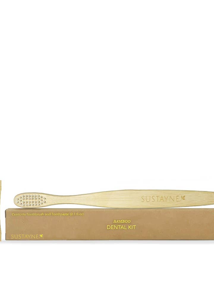 Brosse à dents en bambou de 7" avec 3g de dentifrice dans un sachet kraft pour la vente par Sustayne
