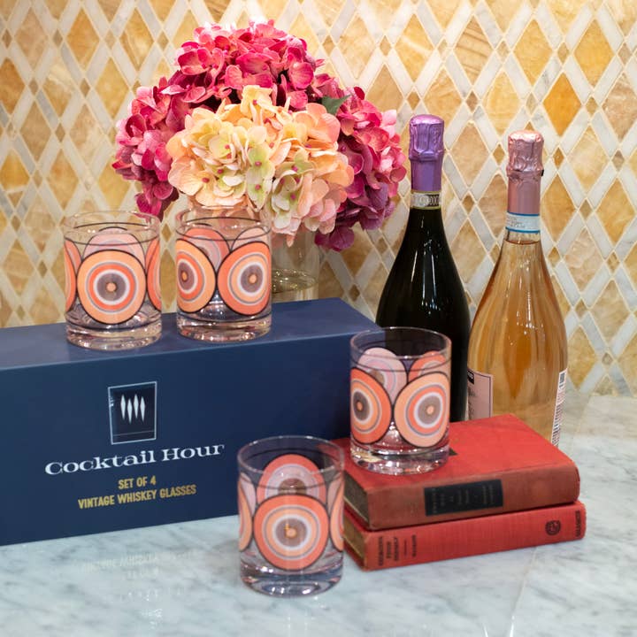 Cocktail Hour Set of 4 Pink Circles Whiskey Glass Boxed Set for wholesale by Mod Lounge Paper Company