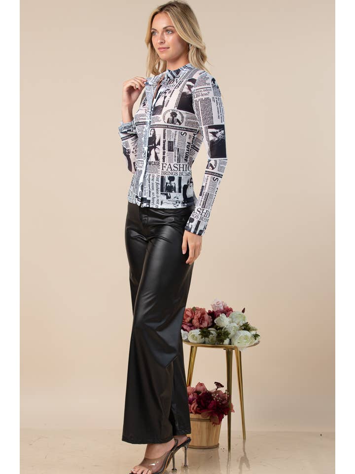 T1489-5944-Hera Newspaper Print Mesh Button Top for wholesale on Faire