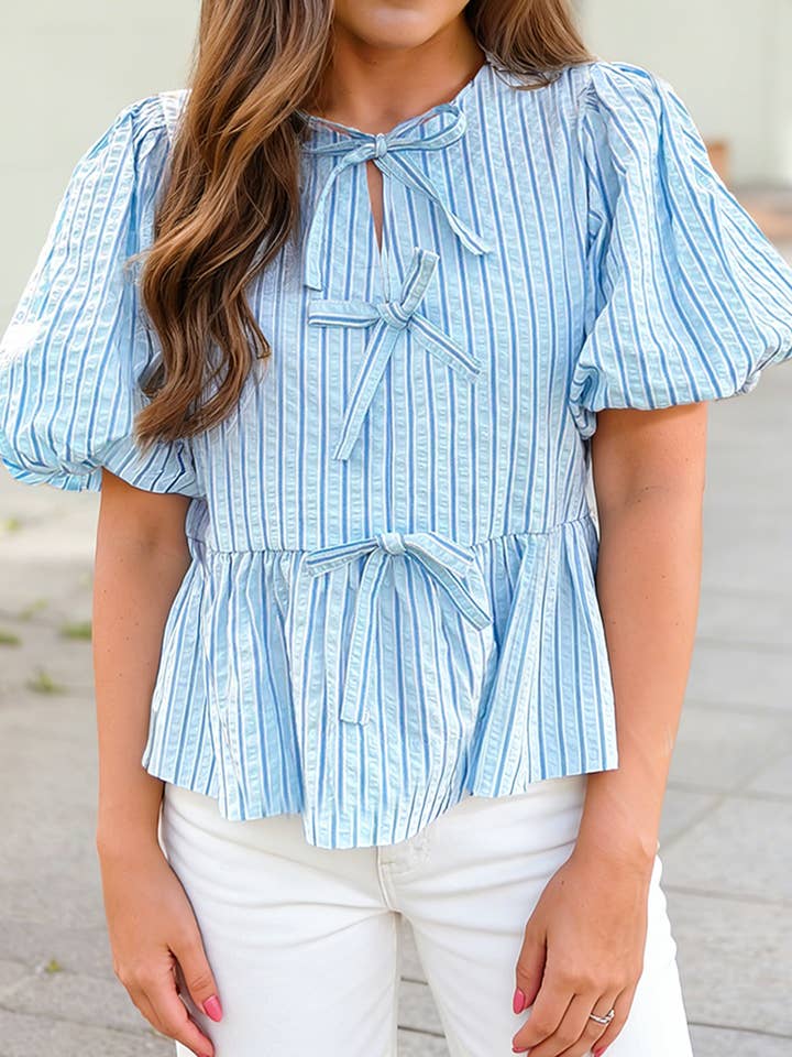 Bow Knot Textured Short Puff Sleeve Babydoll Blouse for wholesale by 1 the Woman