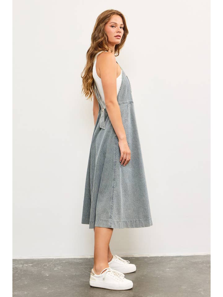 SAND WASH STRIPED DENIM SUSPENDERS SLEEVELESS LONG DRESS for wholesale on Faire