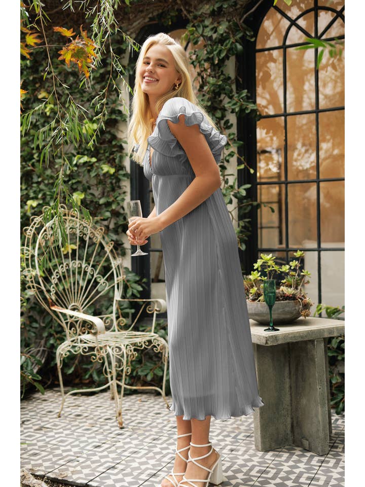 Endless Blu - Wholesale Dress - Women's - QD8731 V-Neck Pleated Midi Dress