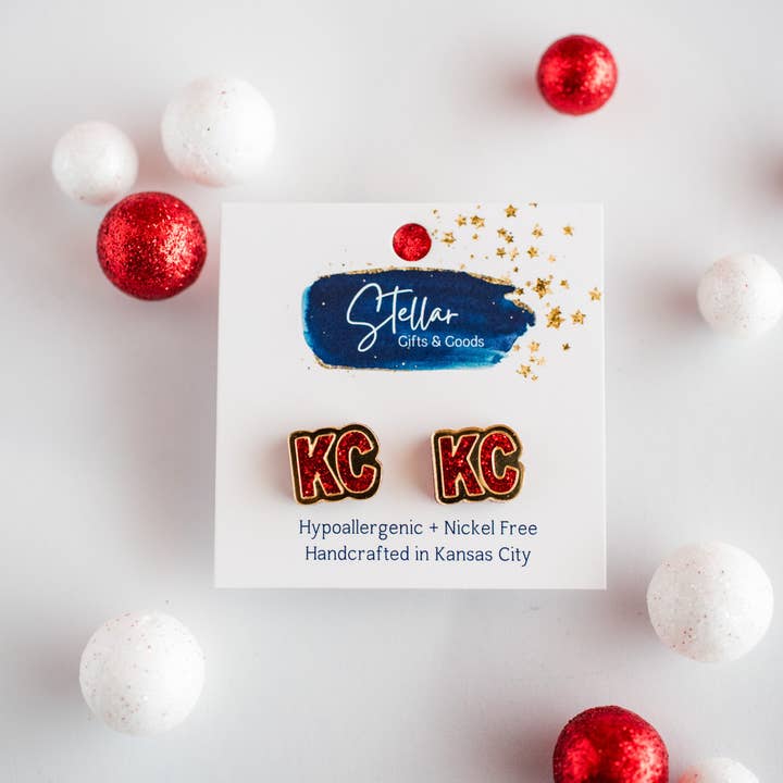 Stellar Gifts & Goods Wholesale - Wholesale Stud/Post Earrings - KC Football - KC Studs Red Glitter & Gold Mirror Kansas City2