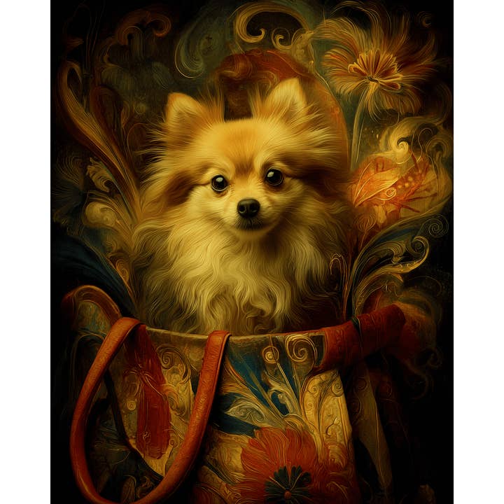 Pomeranian in a Handbag Nouveau Pet Dog Art Print - 8"x10" Artwork and other Purchase Wholesale pomeranian. Free Returns & Net 60 Terms on Faire trending on Faire.