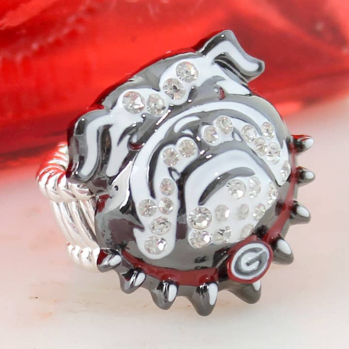 Bague extensible avec logo en cristal des Georgia Bulldogs | UGA | Go Dawgs ! pour la vente par Seasons Jewelry