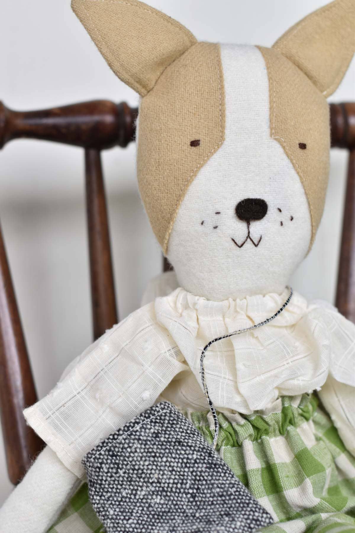 Woolgrass Farm - Wholesale Stuffed/Plush Toy - Kids & Baby - Fig the Frenchie Dog - Gingham Skirt - Handmade Wool Doll3