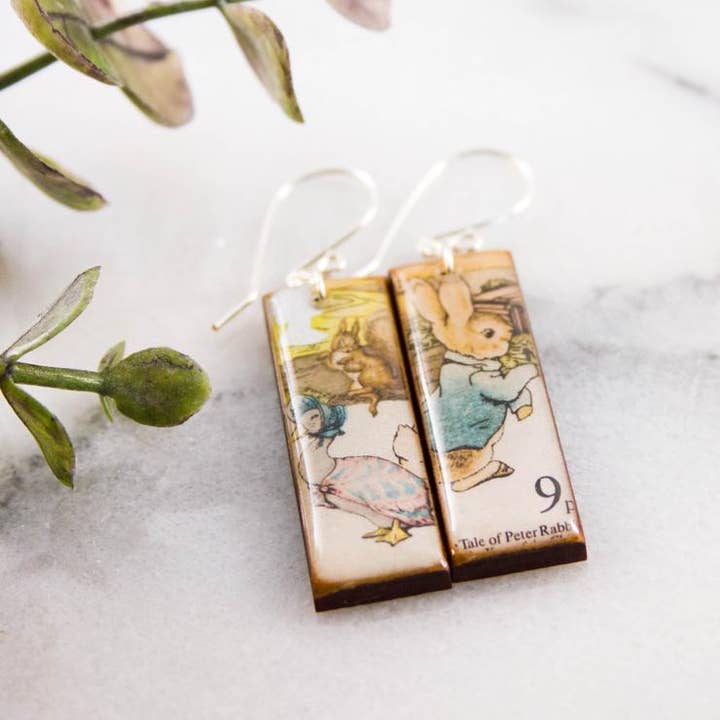 UK Vintage Peter Rabbit Postage Stamp Earrings for wholesale by No Man's Land