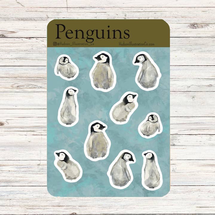 Hudson Illustration Co - About Town Co - Wholesale Sticker - Penguins - Matte Recycled Kiss Cut Sticker Sheet
